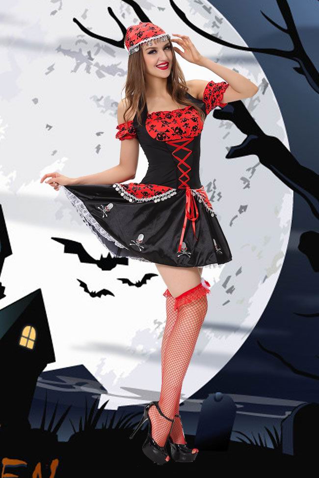 F1441 Black Red Skull Lady Pirate Costume.